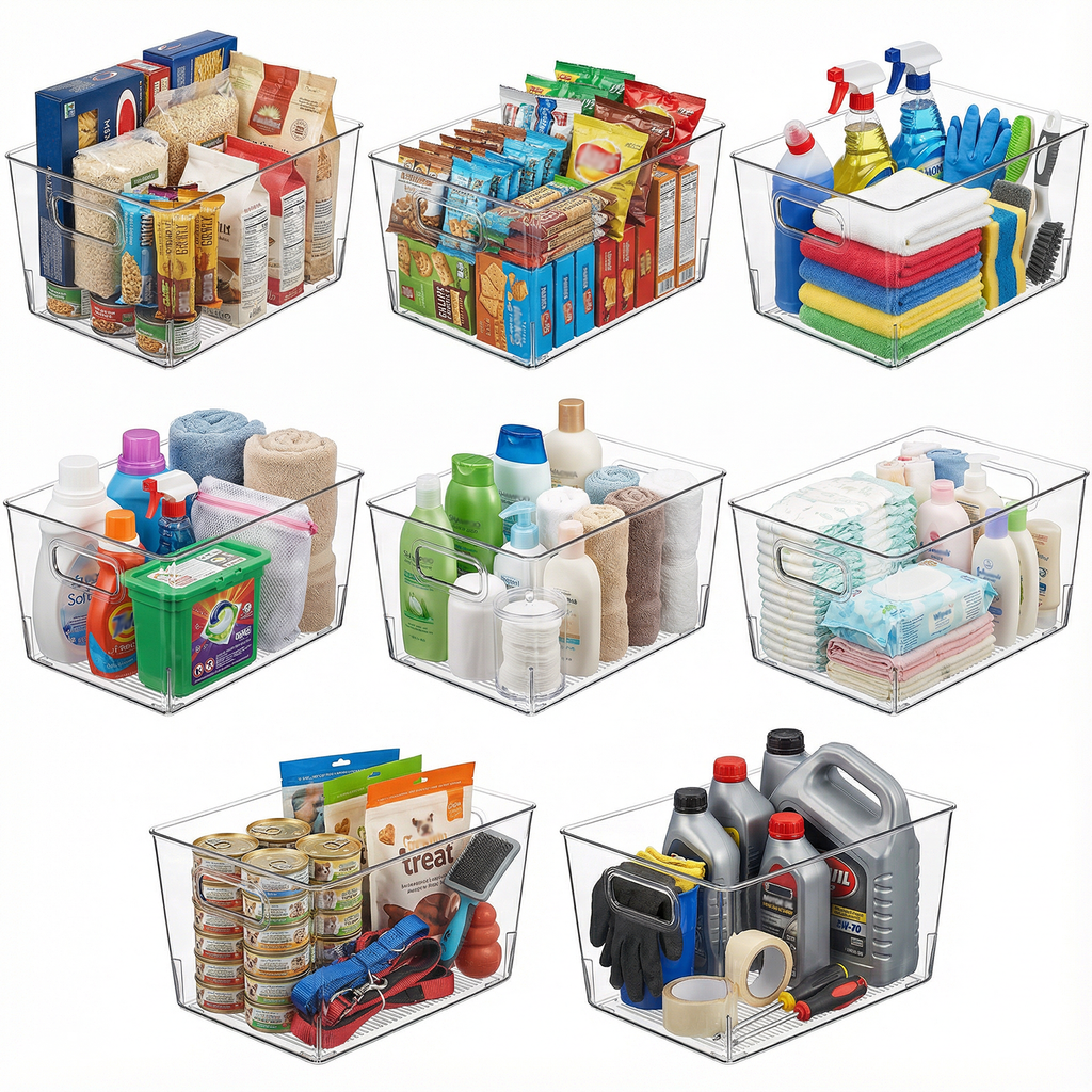 MOONEDGE 8 Pack Clear Plastic Storage Bins, 12 x 8 x 6in Stackable Pantry Organizer Cabinet Containers for Under-Sink Storage, Kitchen, Fridge, Bathroom and Home Organization