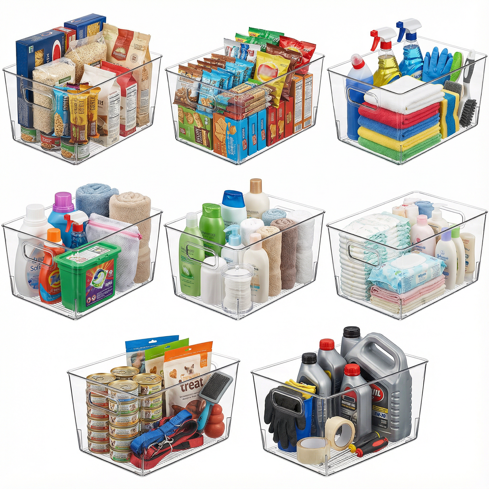 MOONEDGE 8 Pack Clear Plastic Storage Bins, 12 x 8 x 6in Stackable Pantry Organizer Cabinet Containers for Under-Sink Storage, Kitchen, Fridge, Bathroom and Home Organization