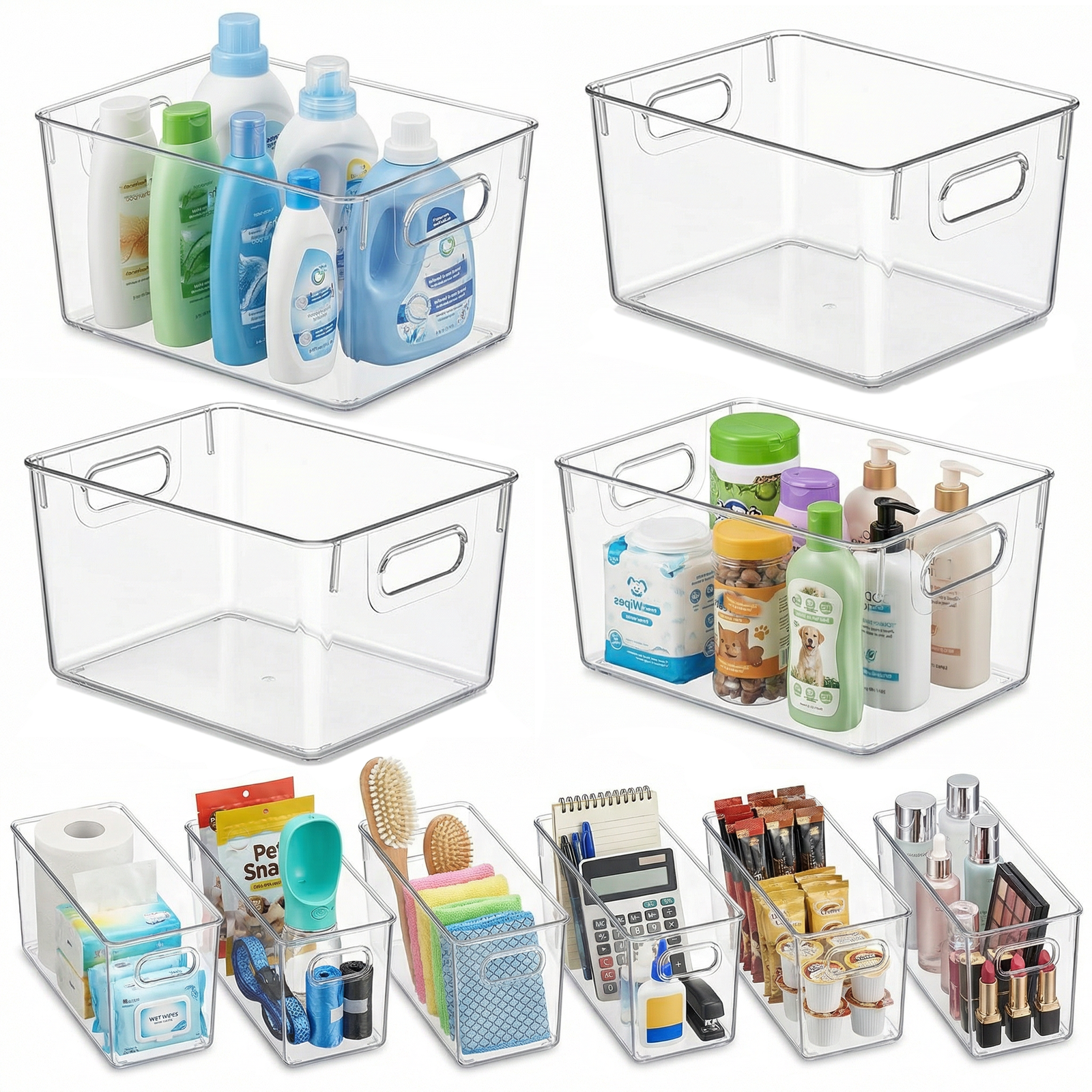 MOONEDGE 10 Pack Clear Plastic Storage Organizer Bins – 4 Large & 6 Deep Narrow, Nestable Space-Saving Storage Containers for Under Sink, Bathroom, Kitchen, Pantry & Cabinet Organization