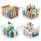MOONEDGE 4 Pack Open Clear Plastic Storage Bins 11"x8"x6" Stackable Organizer Containers with Handle for Kitchen, Pantry, Fridge, Bathroom,Cabinet,Closet Storage