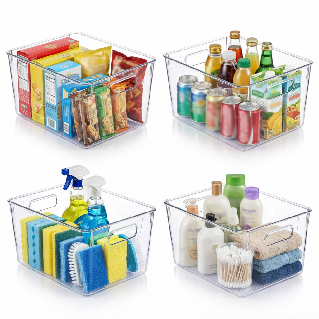 MOONEDGE 4 Pack Open Clear Plastic Storage Bins 11"x8"x6" Stackable Organizer Containers with Handle for Kitchen, Pantry, Fridge, Bathroom,Cabinet,Closet Storage