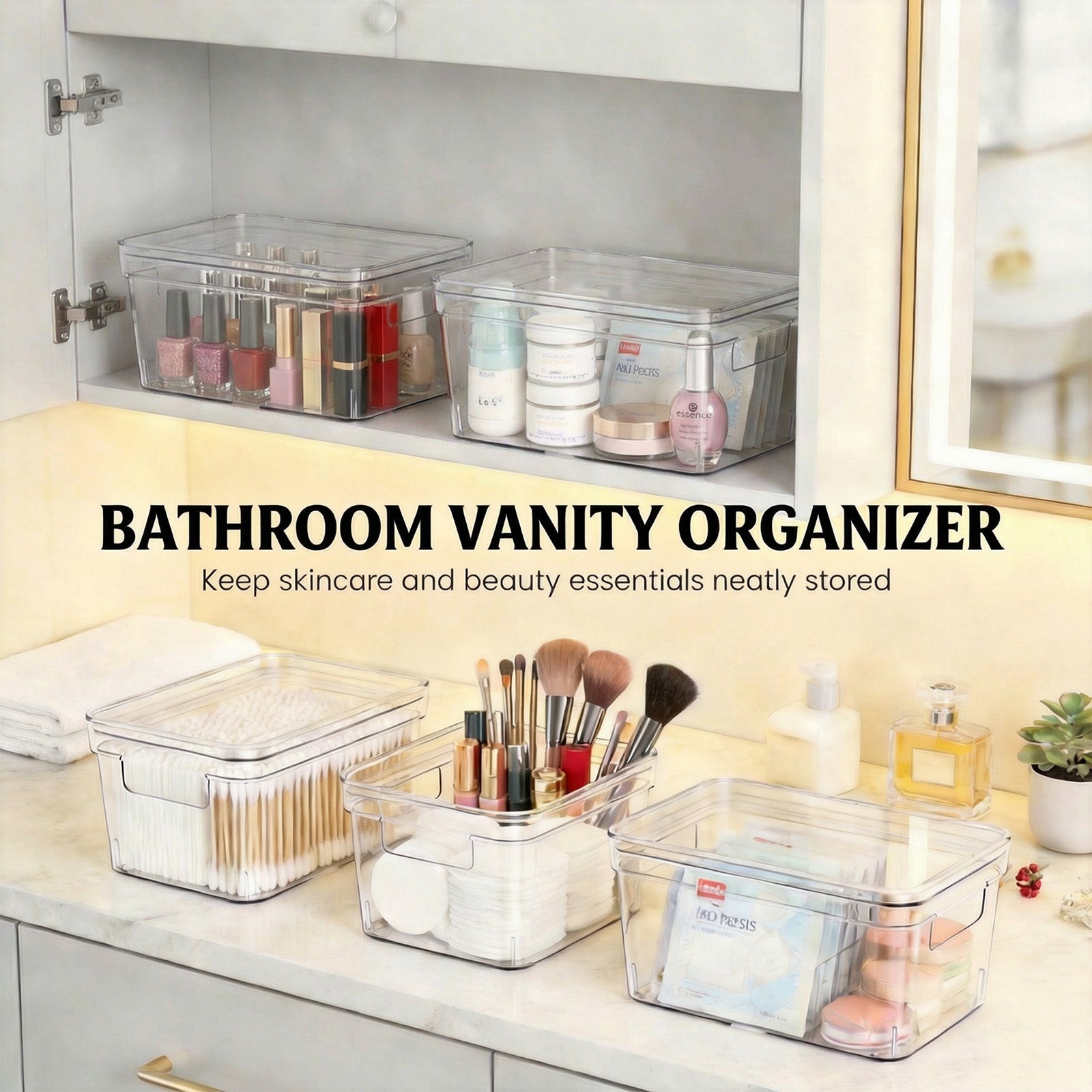 MOONEDGE Small Clear Plastic Storage Bins with Lids and Handles – Stackable Clear Organizer Bins for Vanity, Pantry,  Refrigerator, Kitchen, Bathroom, Closet, Laundry Room, Office – 6 Pack (10×6×5 in)