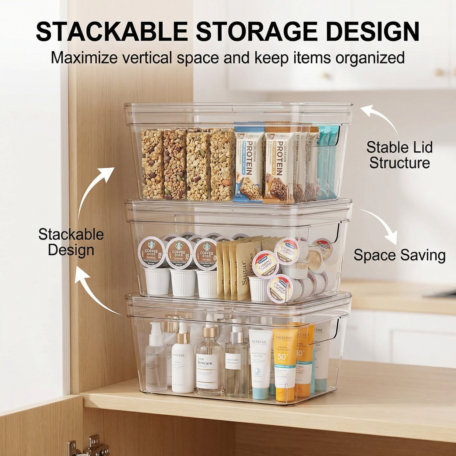 MOONEDGE Small Clear Plastic Storage Bins with Lids and Handles – Stackable Clear Organizer Bins for Vanity, Pantry,  Refrigerator, Kitchen, Bathroom, Closet, Laundry Room, Office – 6 Pack (10×6×5 in)
