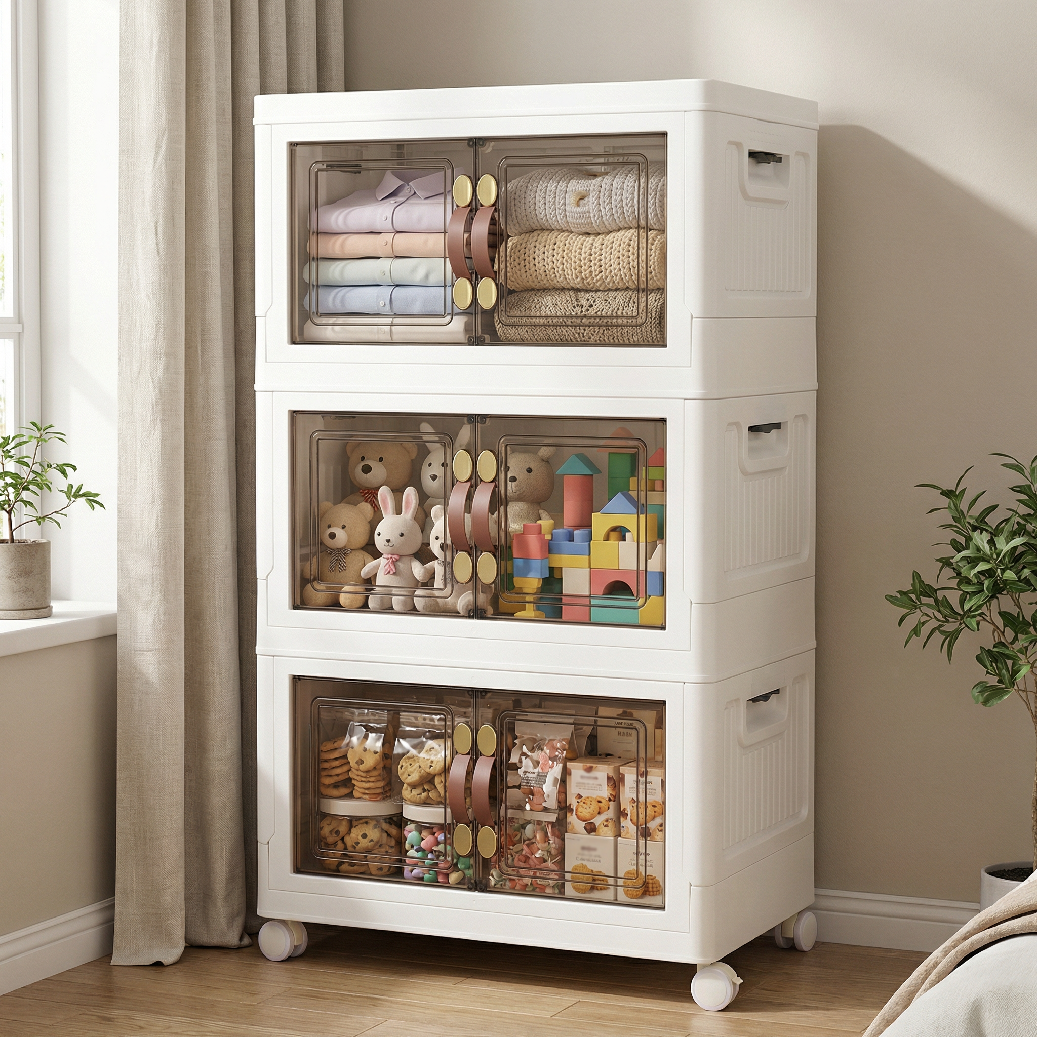 MOONEDGE 105 QT Stackable Storage Bins with Doors & 3 Lids on Lockable Wheels, Foldable Collapsible Storage Cabinet, Clear Plastic Bins for Clothes, Garage, Closet & Basement