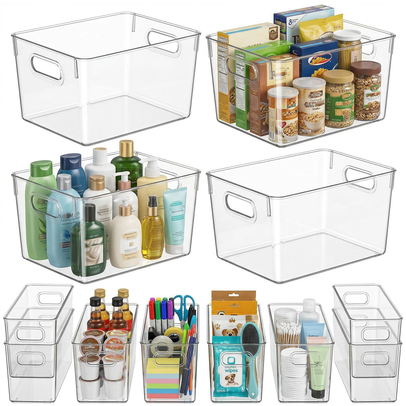 MOONEDGE Set of 12 Clear Plastic Storage Organizer Bins – 4 Large and 8 Small Nestable Space-Saving System for Under-Sink, Bathroom, Kitchen, Fridge & Cabinet Organization