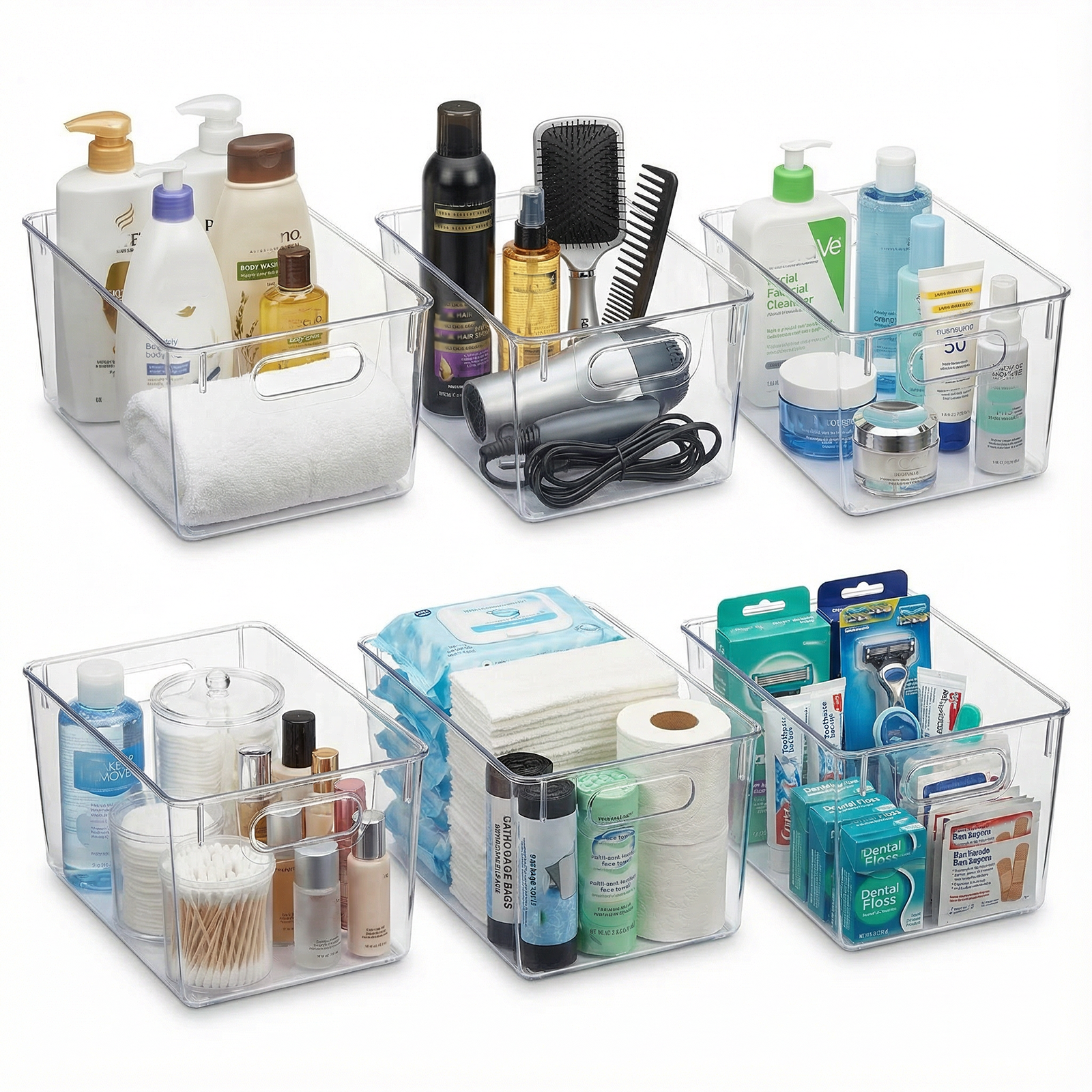 MOONEDGE Open Clear Plastic Storage Bins Stackable Organizer Containers with Handles for Kitchen, Pantry, Fridge, Cabinet, Closet Storage & Home Organization 6 Pack（11 x 8 x 6 in）