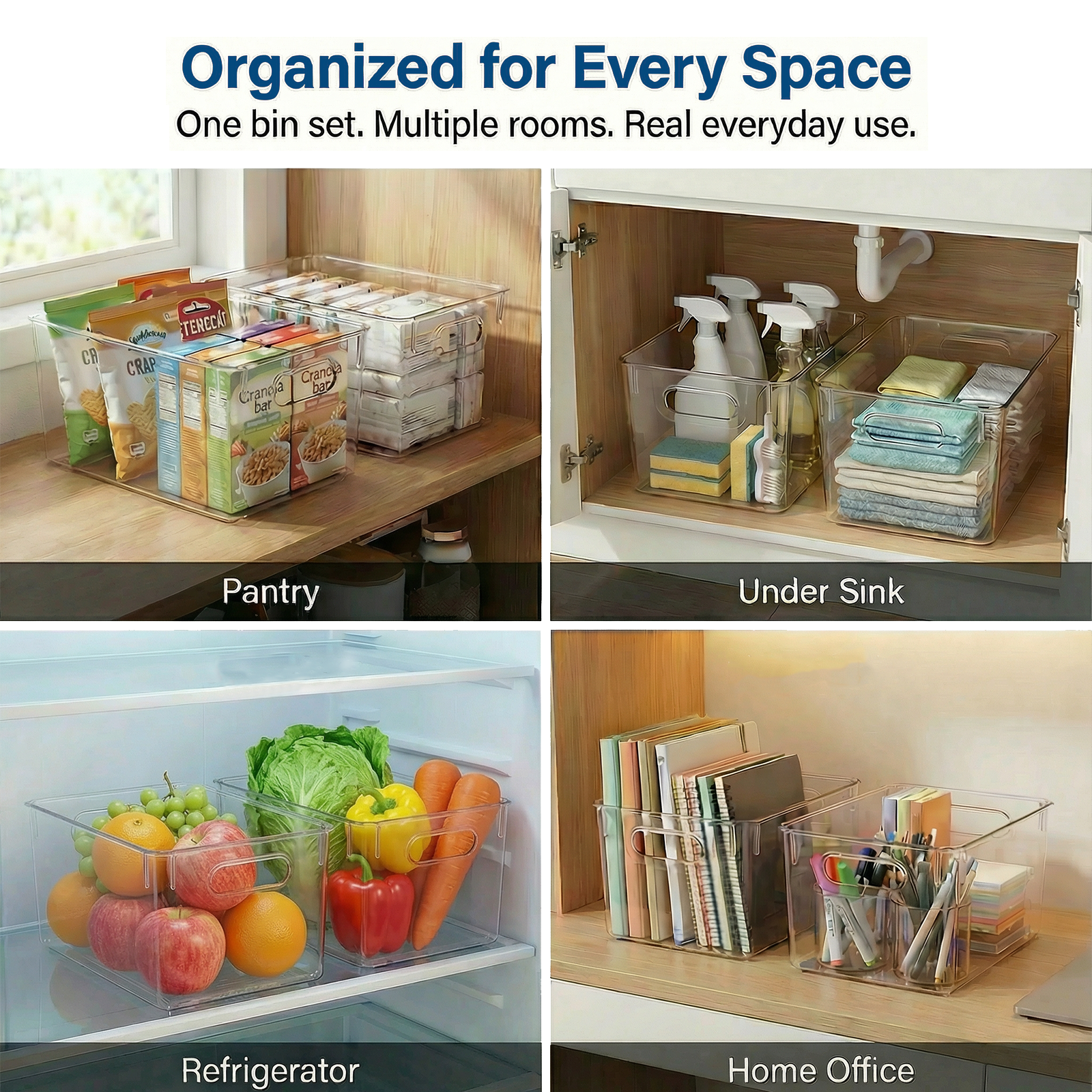 MOONEDGE 4 Pack Open Clear Plastic Storage Bins 11"x8"x6" Stackable Organizer Containers with Handle for Kitchen, Pantry, Fridge, Bathroom,Cabinet,Closet Storage