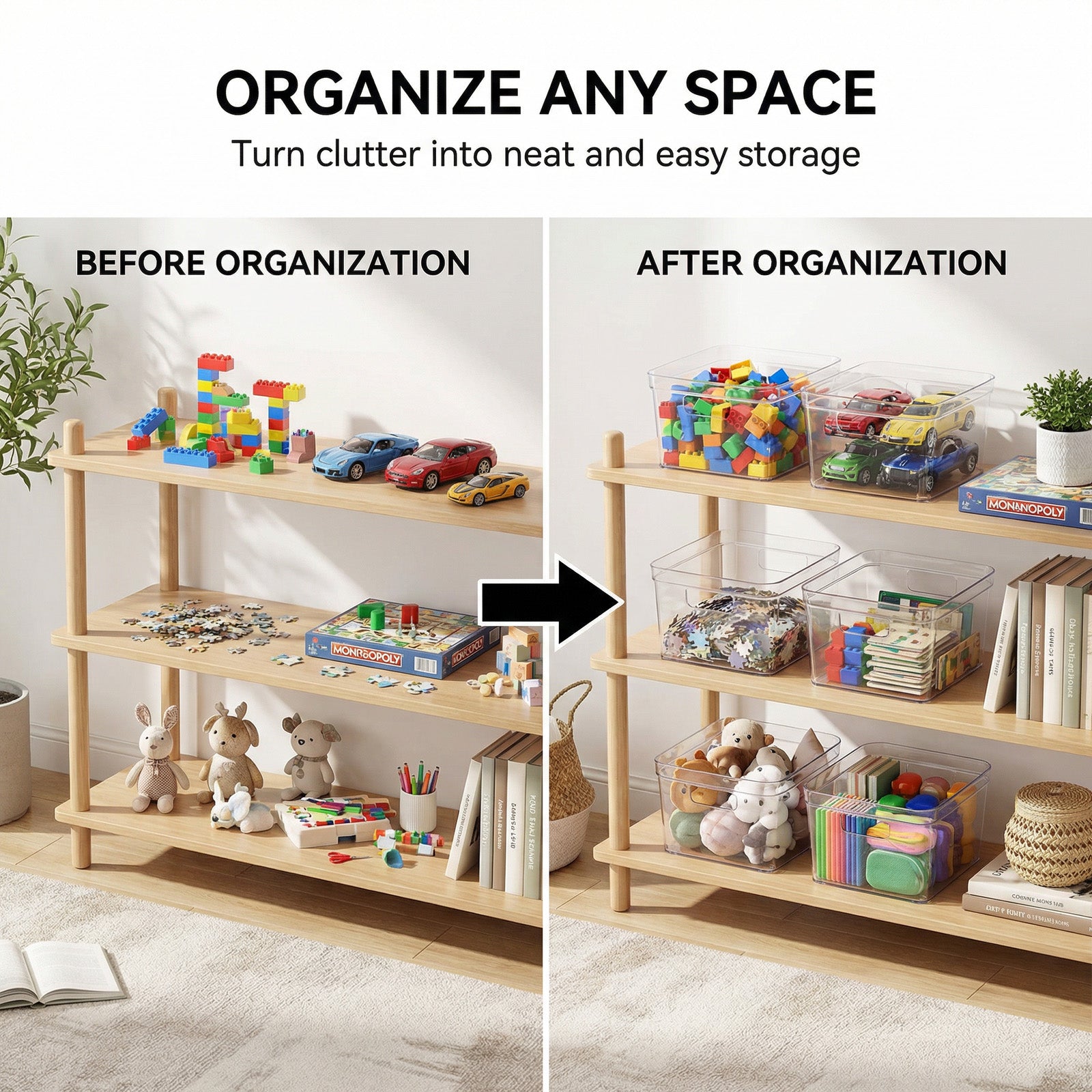 MOONEDGE 4-Pack Clear Cube Storage Bins, 10x10 Plastic Organizer Boxes, Open-Top Durable Containers for Closet Shelf,Pantry,Kitchen,Playroom,Fridge,Bathroom,Vanity and Cabinet Organization
