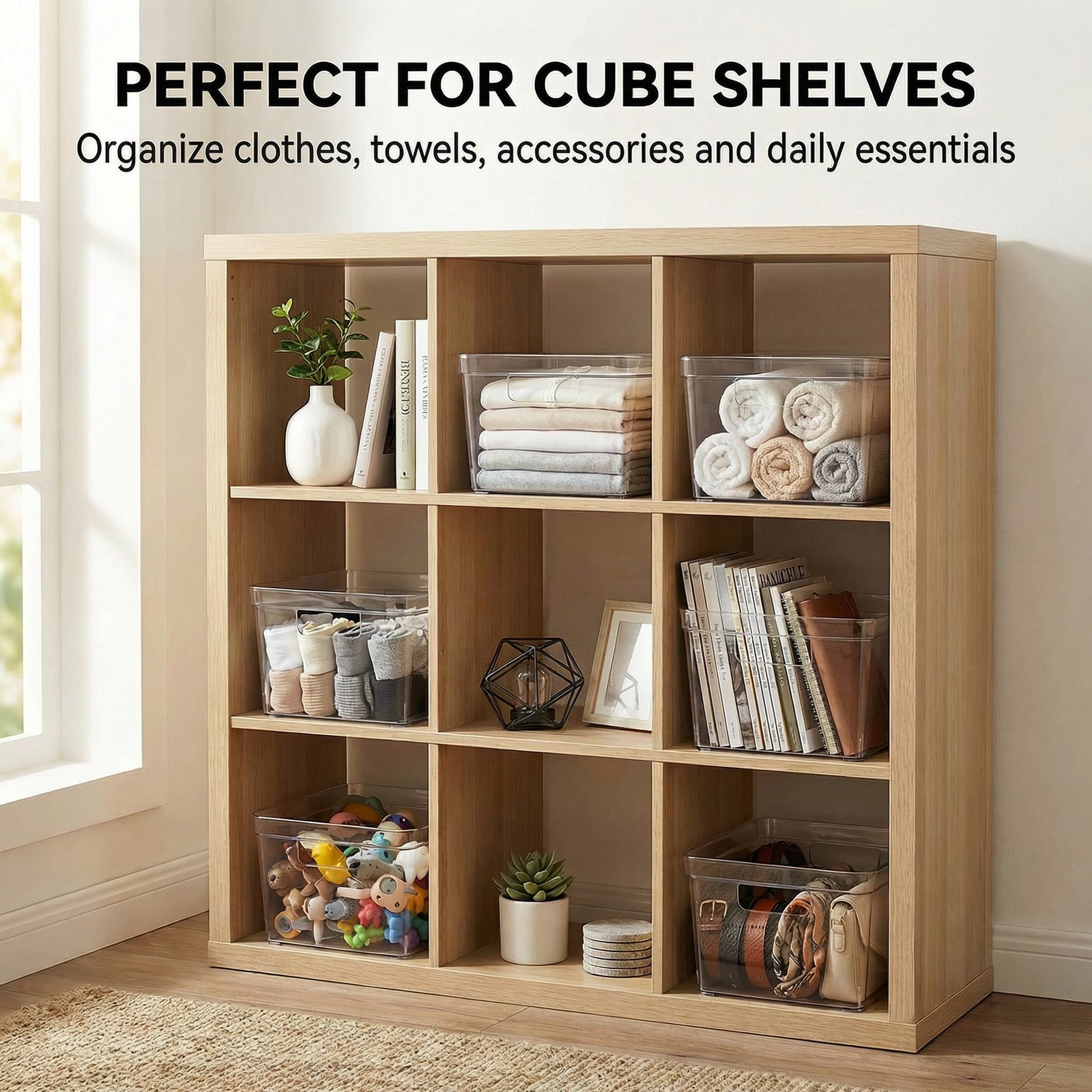 MOONEDGE 4-Pack Clear Cube Storage Bins, 10x10 Plastic Organizer Boxes, Open-Top Durable Containers for Closet Shelf,Pantry,Kitchen,Playroom,Fridge,Bathroom,Vanity and Cabinet Organization