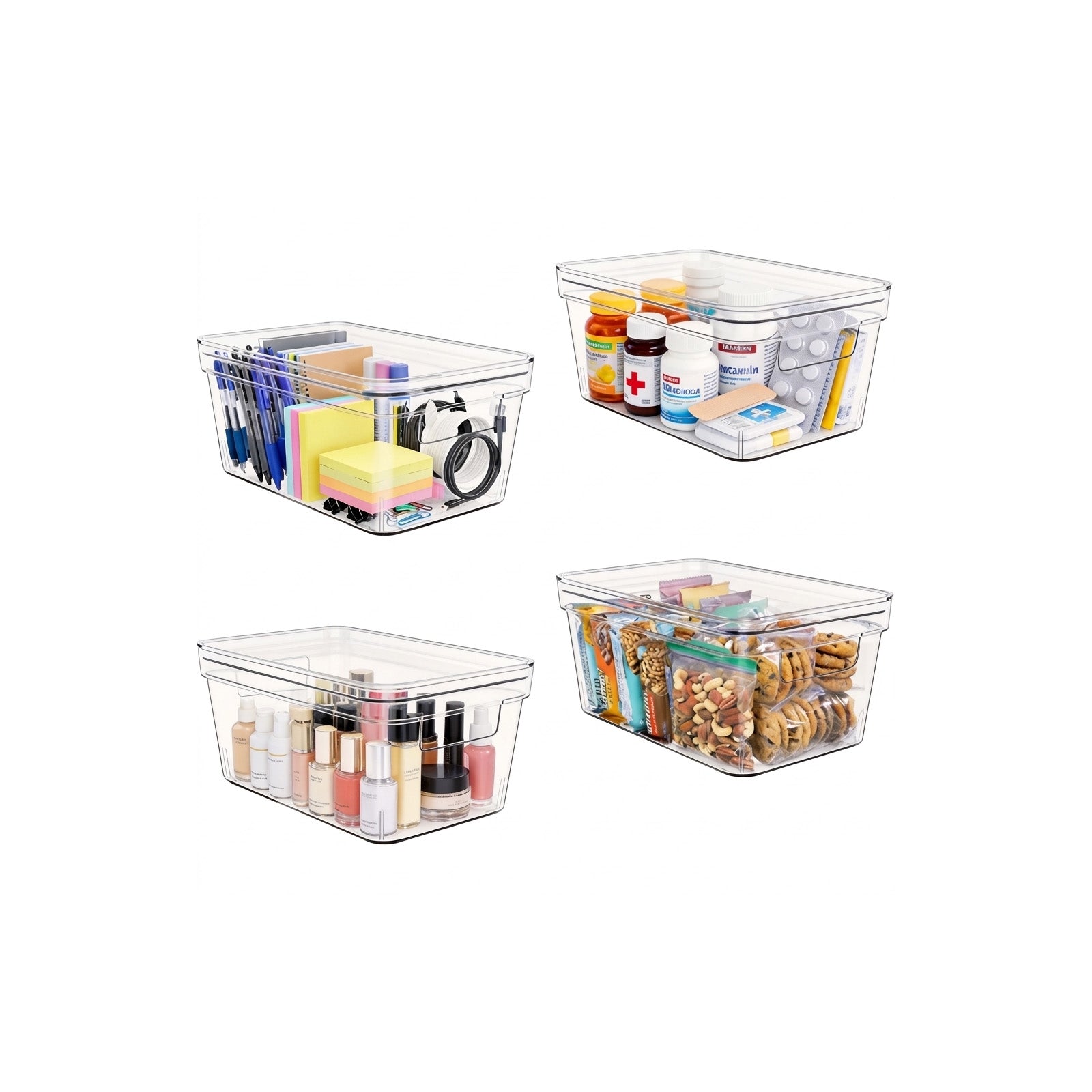 MOONEDGE Small Clear Plastic Storage Bins with Lids and Handles – Stackable Clear Organizer Bins for Vanity，Refrigerator, Kitchen, Pantry, Bathroom, Closet, Laundry Room, Office – 4 Pack (10×6×5 in)