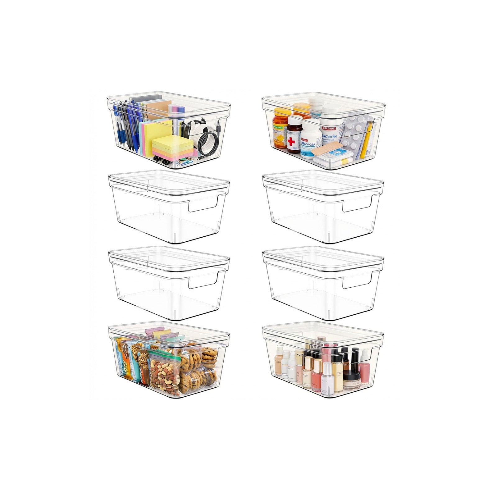 MOONEDGE Small Clear Plastic Storage Bins with Lids and Handles – Stackable Clear Organizer Bins for Vanity，Refrigerator, Kitchen, Pantry, Bathroom, Closet, Laundry Room, Office – 8 Pack (10×6×5 in)