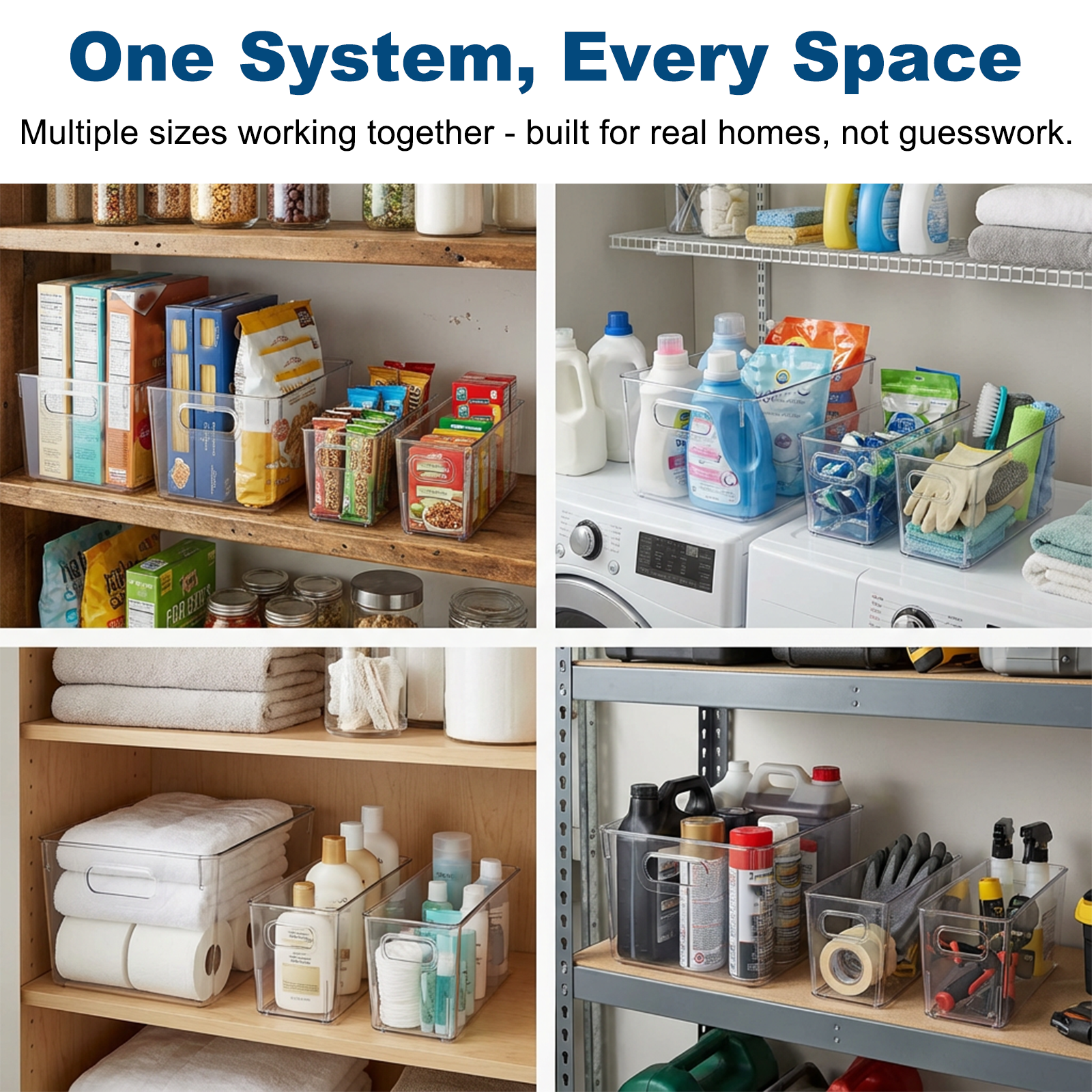 MOONEDGE 8 Pack Modular Clear Plastic Storage Organizer Bins – 4 Large & 4 Narrow, Nestable Space-Saving System for Pantry, Kitchen, Fridge, Bathroom & Cabinet Organization - Versatile & Easy to Use