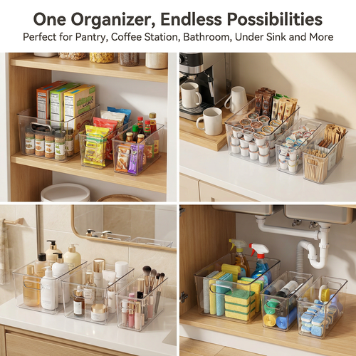 MOONEDGE 10 Pack Clear Plastic Storage Organizer Bins – 4 Large & 6 Deep Narrow, Nestable Space-Saving Storage Containers for Under Sink, Bathroom, Kitchen, Pantry & Cabinet Organization