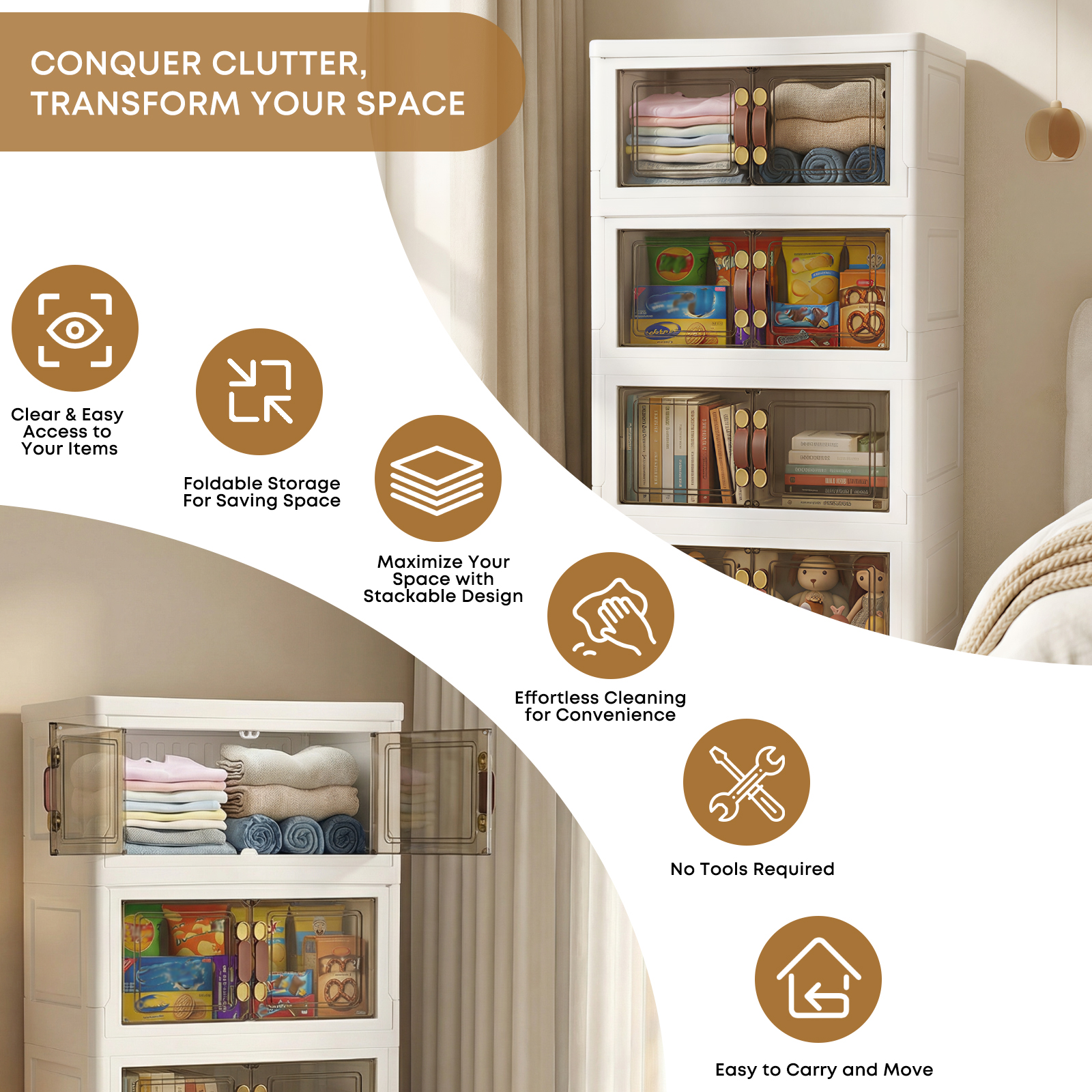 MOONEDGE 140QT Stackable Plastic Storage Bins with Lid & Handles, Foldable Collapsible Closet Organizer with Magnetic Doors and Side Locking, 4 Tier for Living Room, Office, Garages