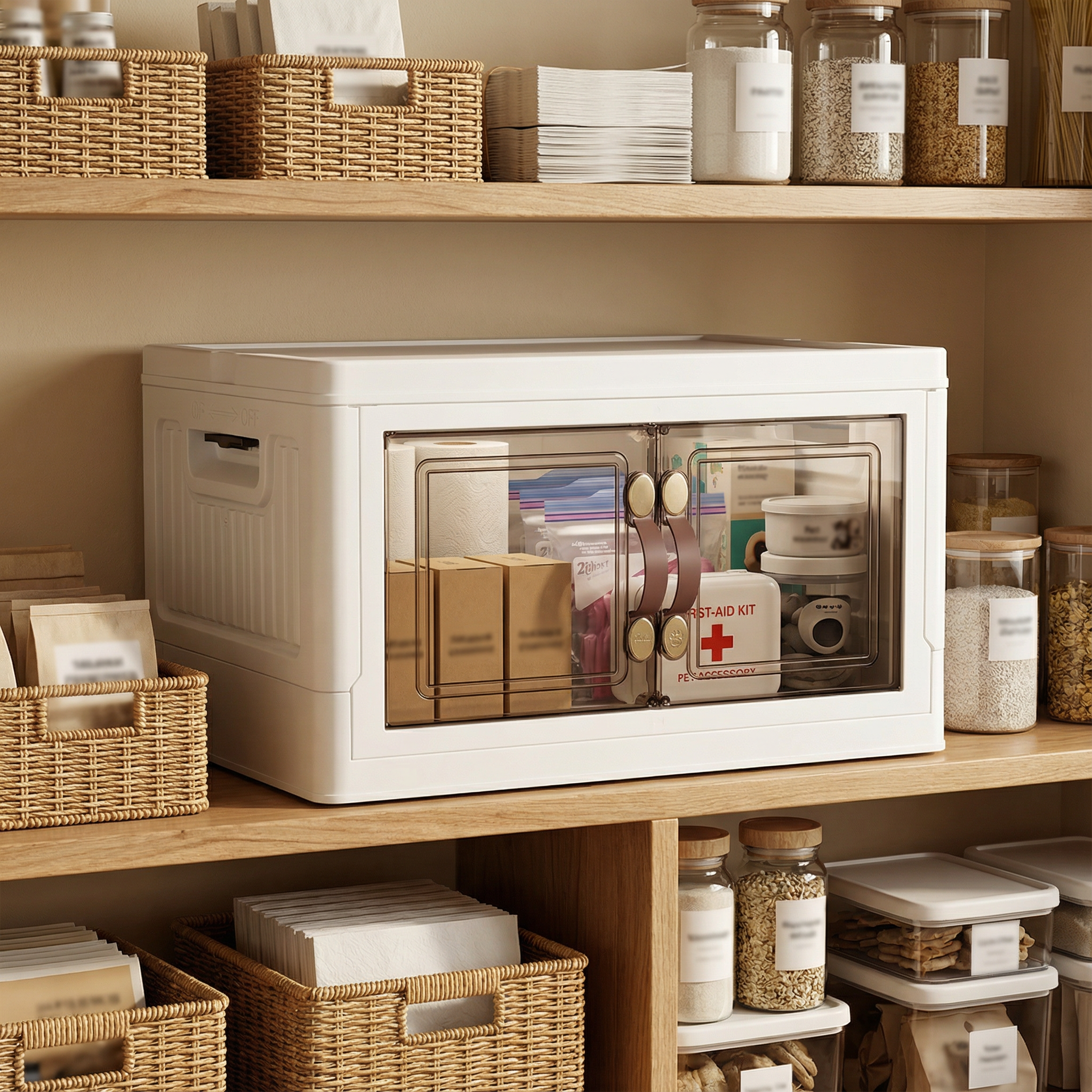 MOONEDGE 35QT Plastic Stackable Storage Bins with Lids, Collapsible Organizer with Magnetic Doors & Hidden Locking Handles, Storage Cabinet for Pet, Closet, Living Room, Pantry & Office Organization