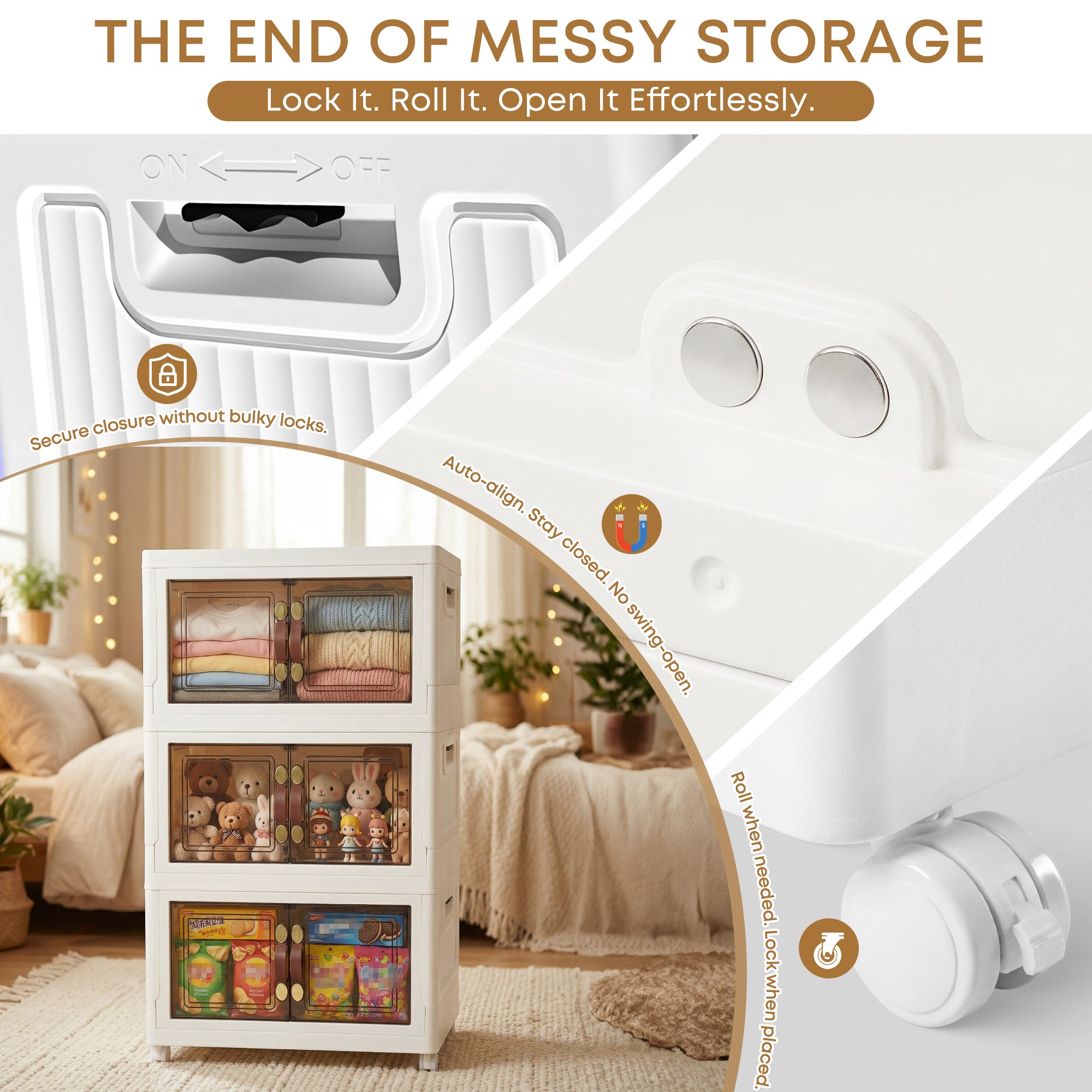 MOONEDGE 105 QT Stackable Storage Bins with Doors & 3 Lids on Lockable Wheels, Foldable Collapsible Storage Cabinet, Clear Plastic Bins for Clothes, Garage, Closet & Basement