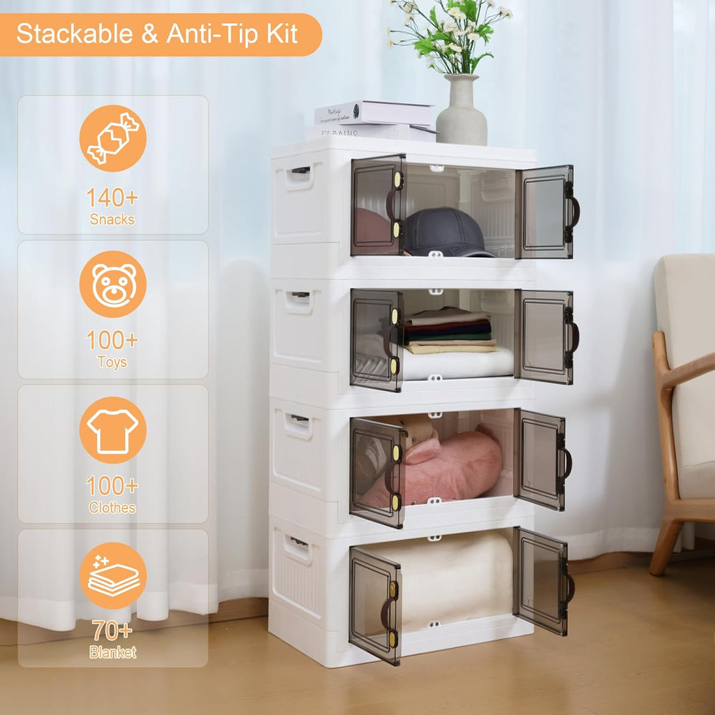 MOONEDGE 35QT Plastic Stackable Storage Bins with Lids, Collapsible Organizer with Magnetic Doors & Hidden Locking Handles, Storage Cabinet for Pet, Closet, Living Room, Pantry & Office Organization