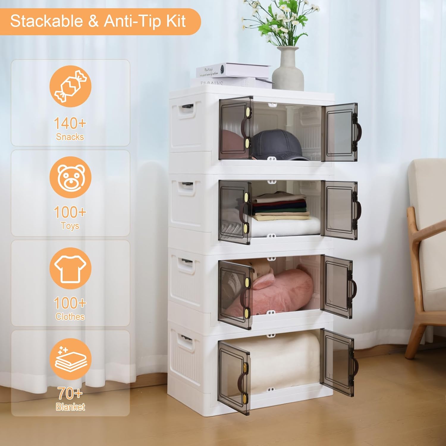 MOONEDGE 35QT Plastic Stackable Storage Bins with Lids, Collapsible Organizer with Magnetic Doors & Hidden Locking Handles, Storage Cabinet for Pet, Closet, Living Room, Pantry & Office Organization