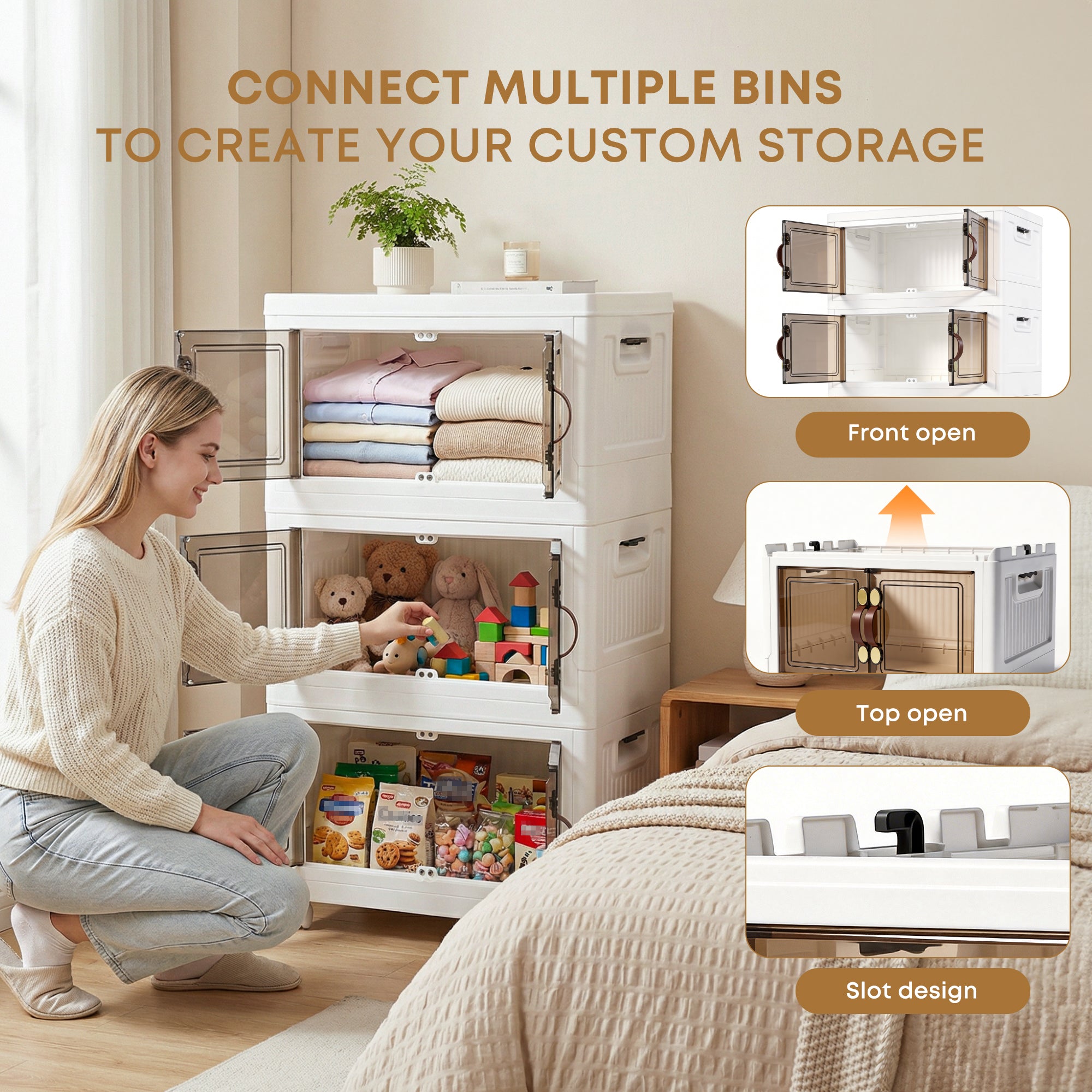 MOONEDGE 105 QT Stackable Storage Bins with Doors & 3 Lids on Lockable Wheels, Foldable Collapsible Storage Cabinet, Clear Plastic Bins for Clothes, Garage, Closet & Basement