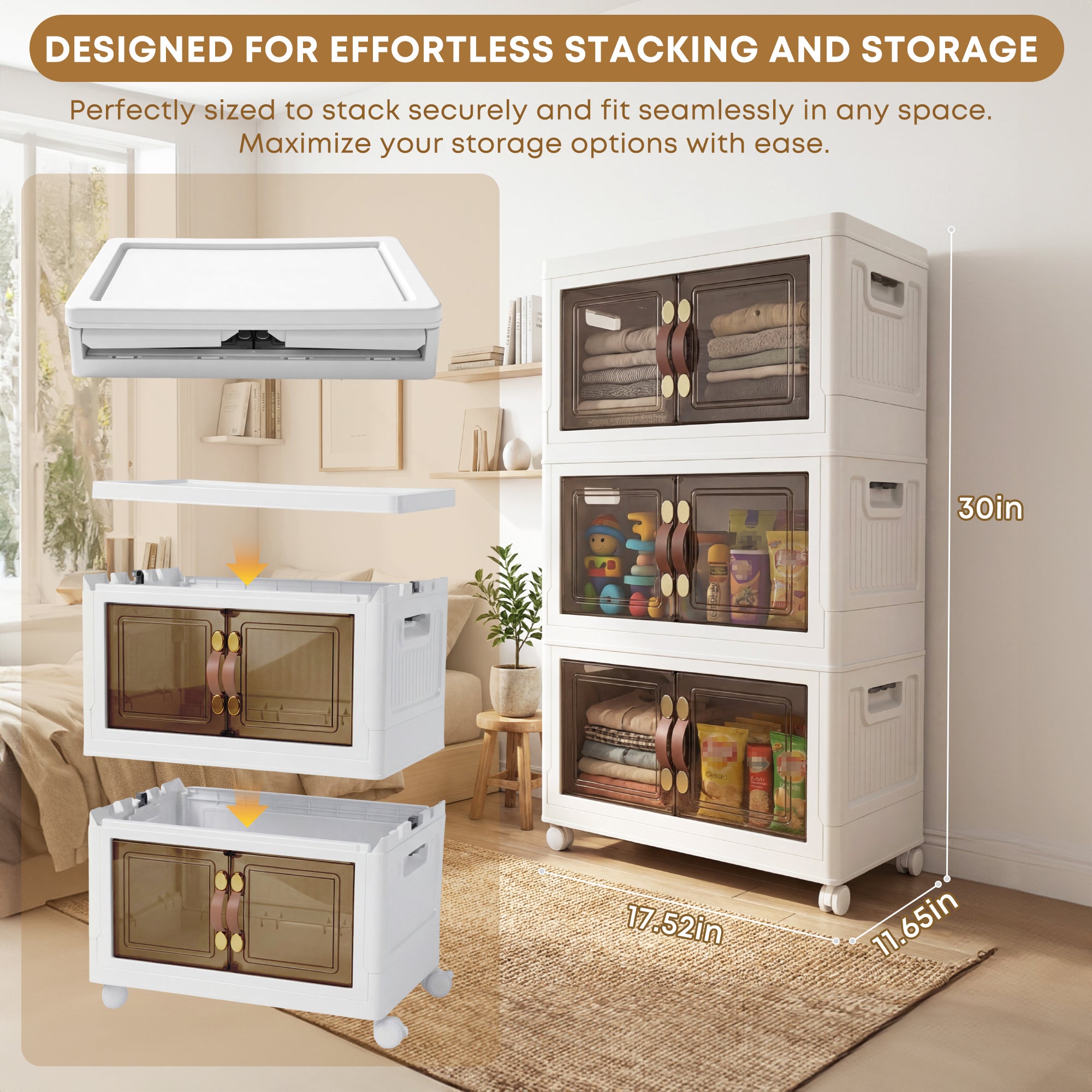 MOONEDGE 105 QT Stackable Storage Bins with Doors & 3 Lids on Lockable Wheels, Foldable Collapsible Storage Cabinet, Clear Plastic Bins for Clothes, Garage, Closet & Basement