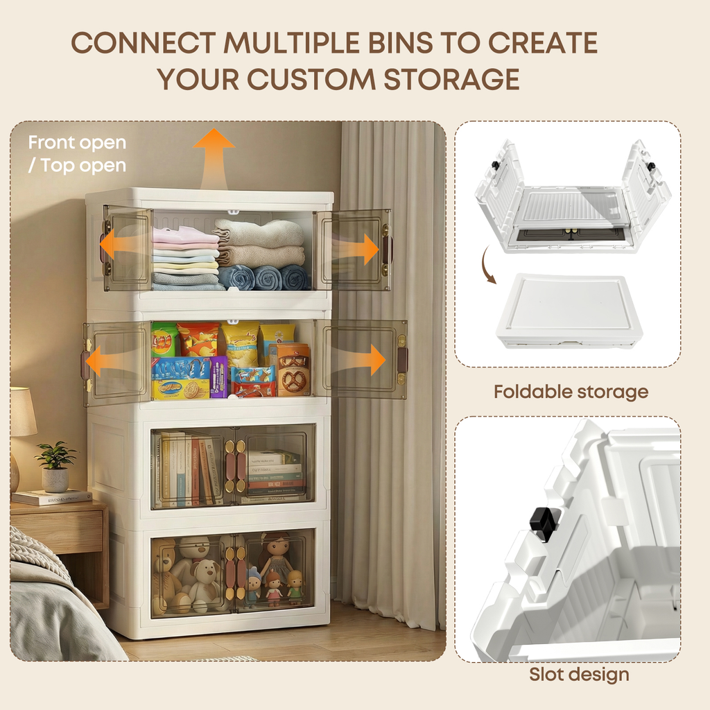 MOONEDGE 140QT Stackable Plastic Storage Bins with Lid & Handles, Foldable Collapsible Closet Organizer with Magnetic Doors and Side Locking, 4 Tier for Living Room, Office, Garages