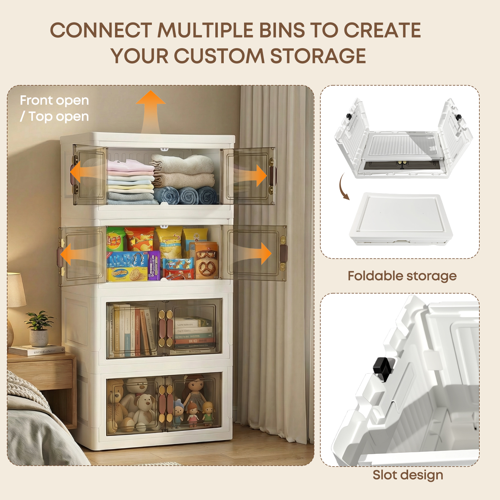 MOONEDGE 140QT Stackable Plastic Storage Bins with Lid & Handles, Foldable Collapsible Closet Organizer with Magnetic Doors and Side Locking, 4 Tier for Living Room, Office, Garages