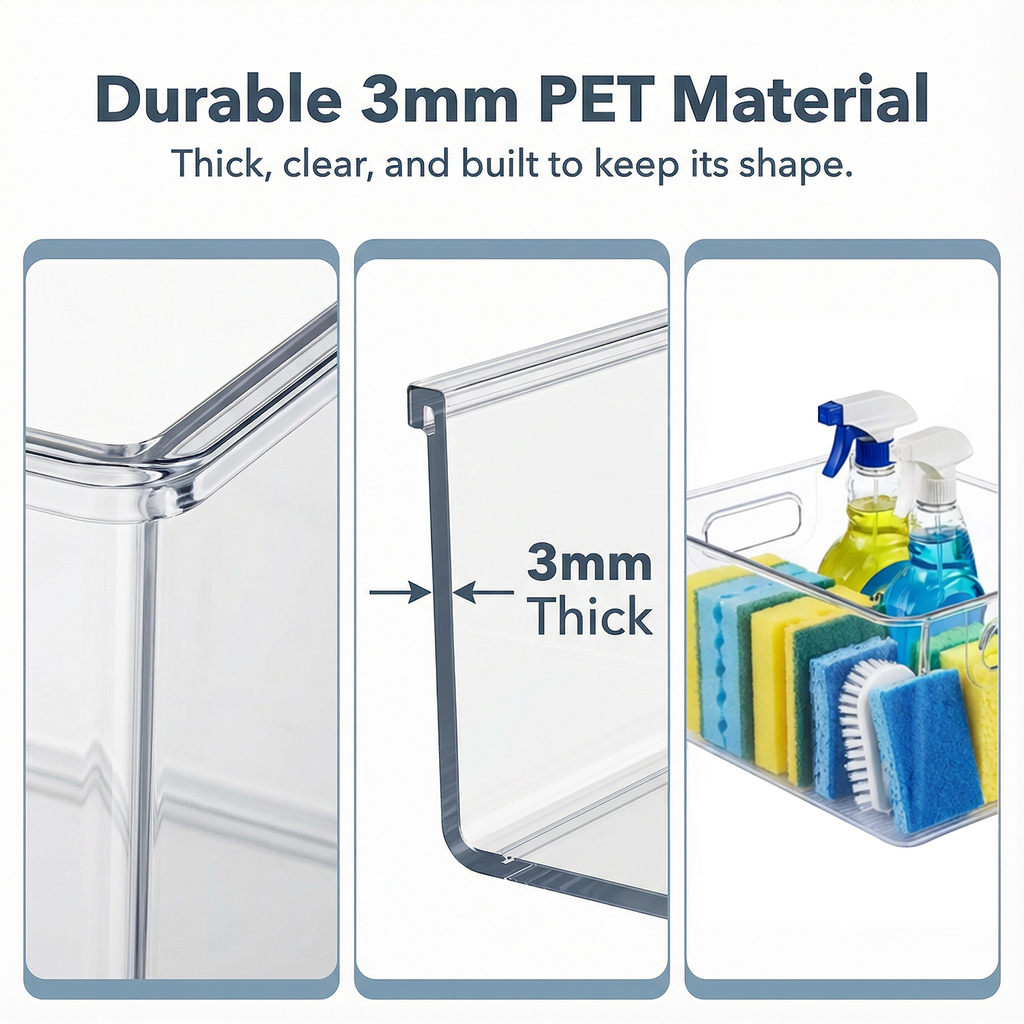 MOONEDGE 4 Pack Open Clear Plastic Storage Bins 11"x8"x6" Stackable Organizer Containers with Handle for Kitchen, Pantry, Fridge, Bathroom,Cabinet,Closet Storage