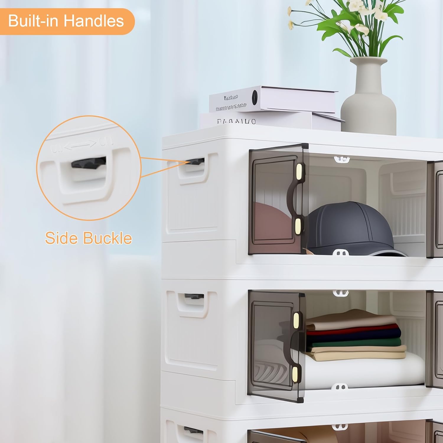 MOONEDGE 35QT Plastic Stackable Storage Bins with Lids, Collapsible Organizer with Magnetic Doors & Hidden Locking Handles, Storage Cabinet for Pet, Closet, Living Room, Pantry & Office Organization