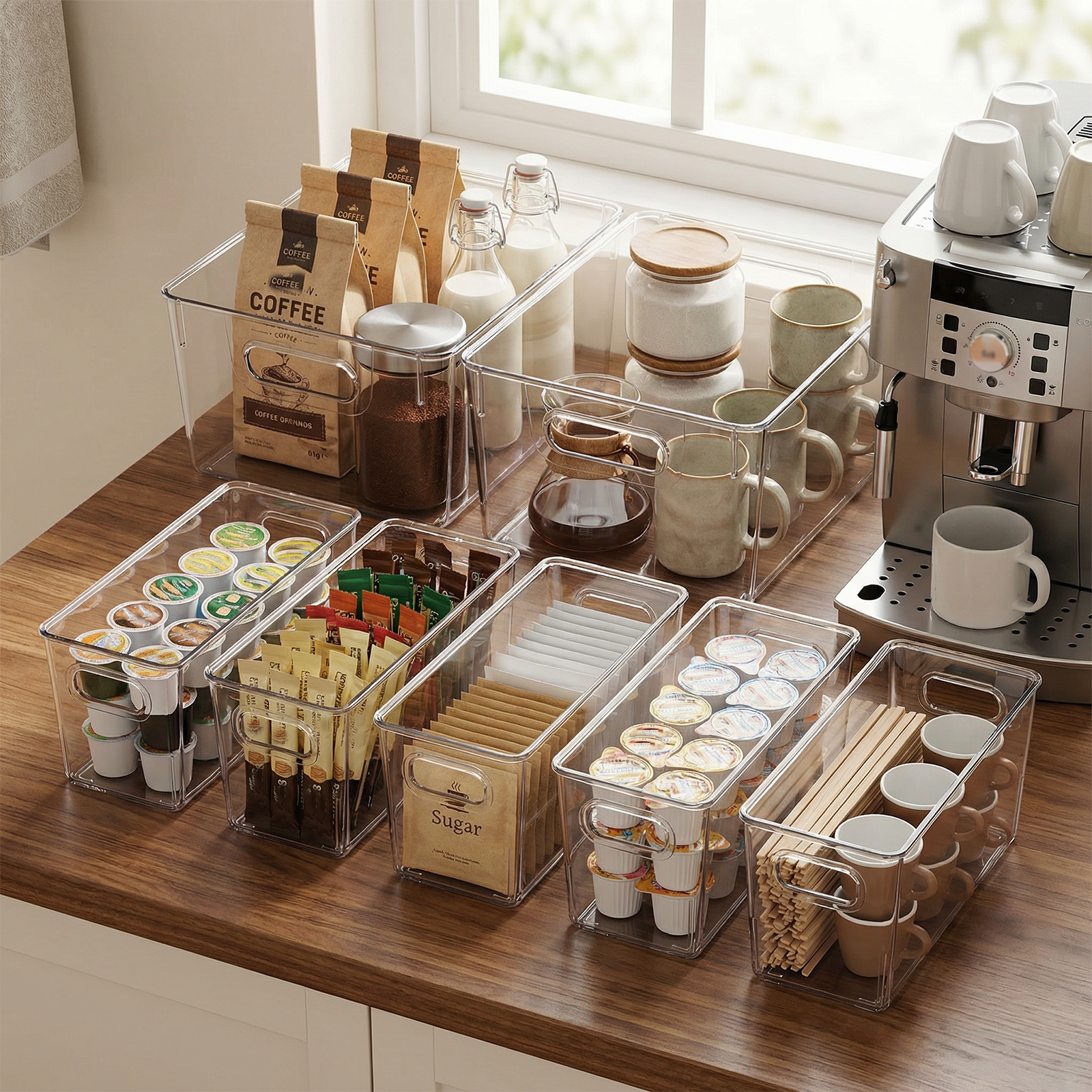 MOONEDGE 10 Pack Clear Plastic Storage Organizer Bins – 4 Large & 6 Deep Narrow, Nestable Space-Saving Storage Containers for Under Sink, Bathroom, Kitchen, Pantry & Cabinet Organization