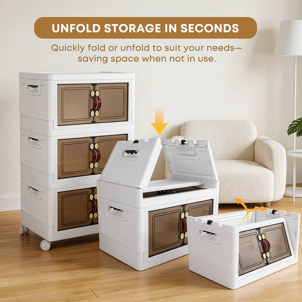 MOONEDGE 105 QT Stackable Storage Bins with Doors & 3 Lids on Lockable Wheels, Foldable Collapsible Storage Cabinet, Clear Plastic Bins for Clothes, Garage, Closet & Basement