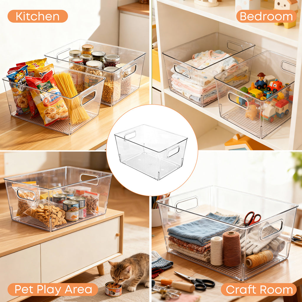 MOONEDGE 8 Pack Clear Plastic Storage Bins, 12 x 8 x 6in Stackable Pantry Organizer Cabinet Containers for Under-Sink Storage, Kitchen, Fridge, Bathroom and Home Organization