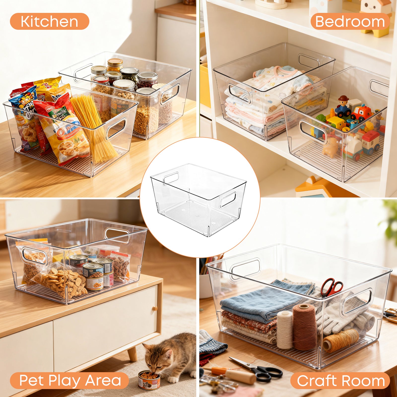 MOONEDGE 8 Pack Clear Plastic Storage Bins, 12 x 8 x 6in Stackable Pantry Organizer Cabinet Containers for Under-Sink Storage, Kitchen, Fridge, Bathroom and Home Organization