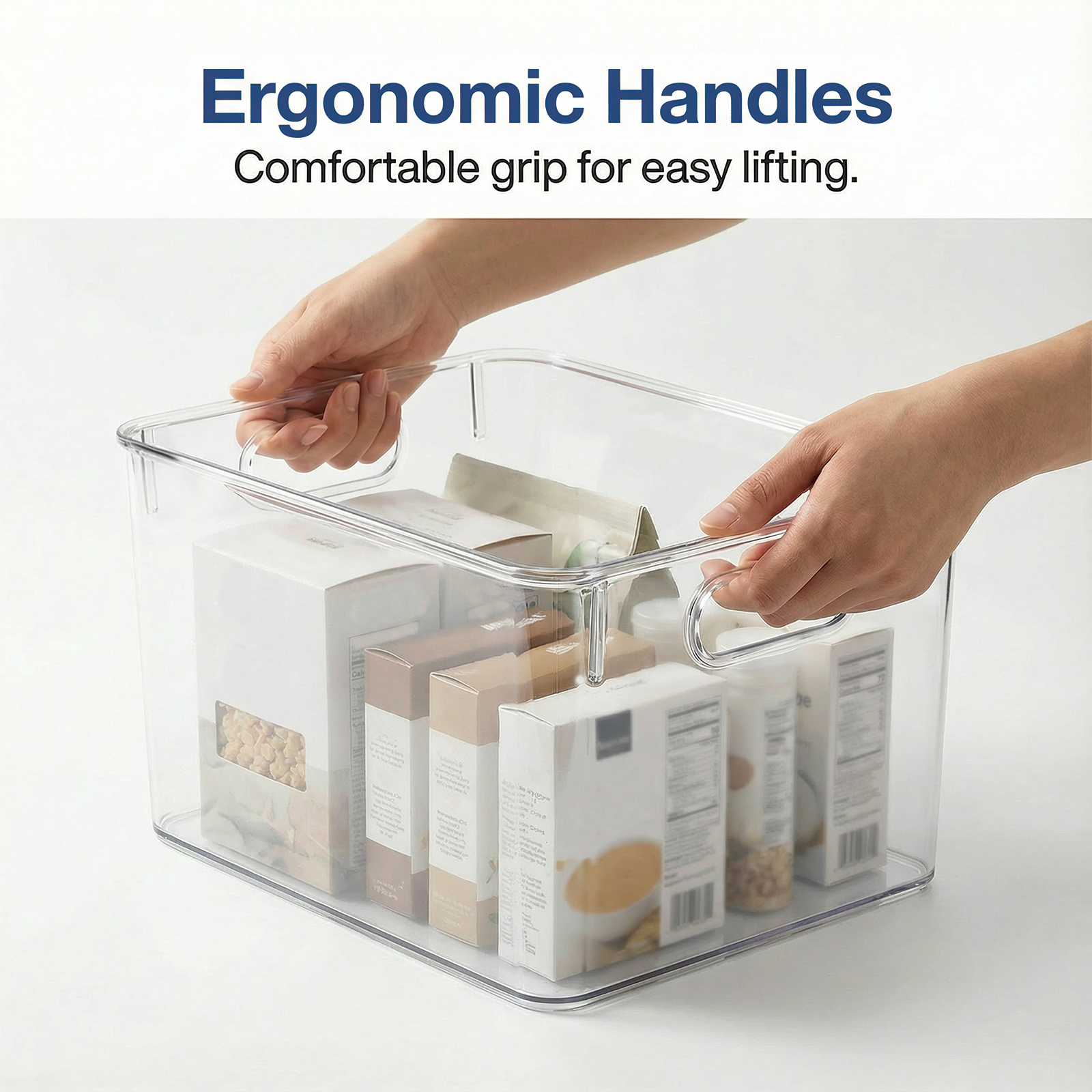 MOONEDGE 4 Pack Open Clear Plastic Storage Bins 11"x8"x6" Stackable Organizer Containers with Handle for Kitchen, Pantry, Fridge, Bathroom,Cabinet,Closet Storage