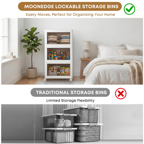 MOONEDGE 105 QT Stackable Storage Bins with Doors & 3 Lids on Lockable Wheels, Foldable Collapsible Storage Cabinet, Clear Plastic Bins for Clothes, Garage, Closet & Basement