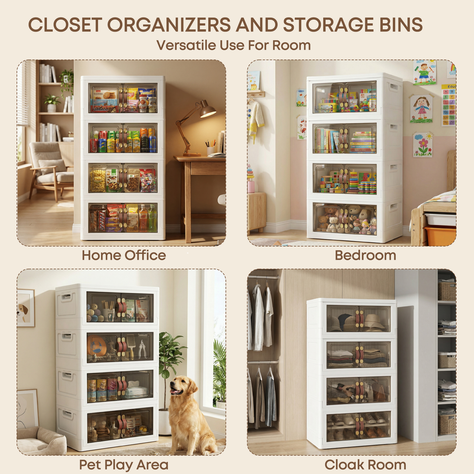 MOONEDGE 140QT Stackable Plastic Storage Bins with Lid & Handles, Foldable Collapsible Closet Organizer with Magnetic Doors and Side Locking, 4 Tier for Living Room, Office, Garages