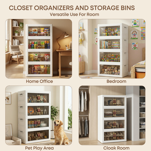 MOONEDGE 140QT Stackable Plastic Storage Bins with Lid & Handles, Foldable Collapsible Closet Organizer with Magnetic Doors and Side Locking, 4 Tier for Living Room, Office, Garages