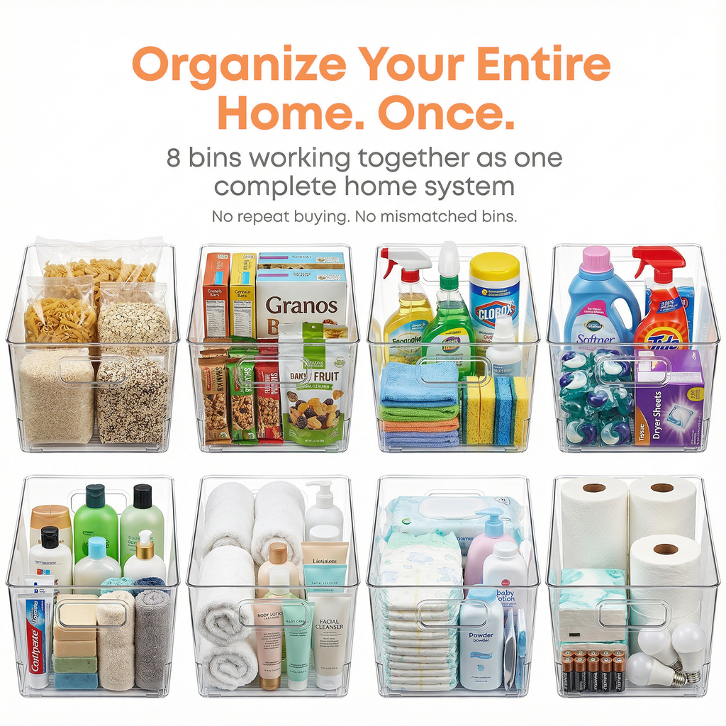 MOONEDGE 8 Pack Clear Plastic Storage Bins, 12 x 8 x 6in Stackable Pantry Organizer Cabinet Containers for Under-Sink Storage, Kitchen, Fridge, Bathroom and Home Organization