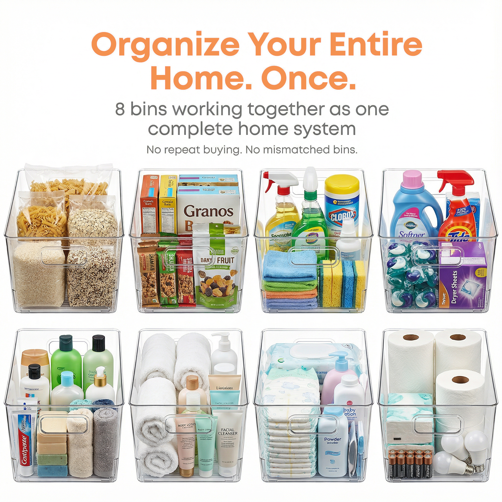 MOONEDGE 8 Pack Clear Plastic Storage Bins, 12 x 8 x 6in Stackable Pantry Organizer Cabinet Containers for Under-Sink Storage, Kitchen, Fridge, Bathroom and Home Organization